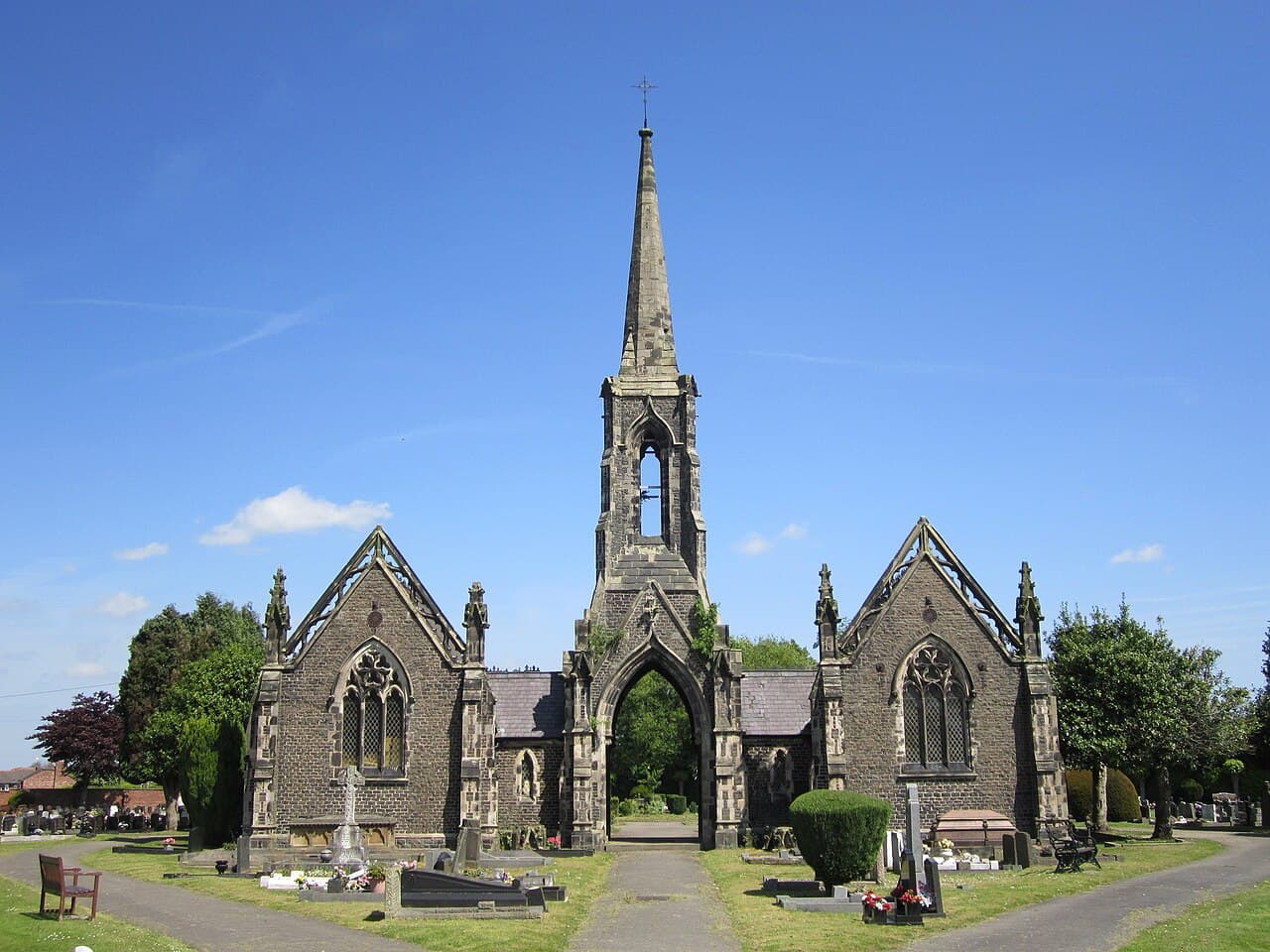 Mortuary chapels, archway and spire in Middlewich Cemetery in Middlewich, Cheshire
